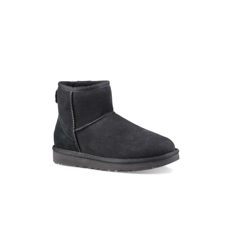 UGG Classic Mini II Boot Women Schwarz Seitenansicht – Twinface Sheepskin & Nylon Binding für Komfort
