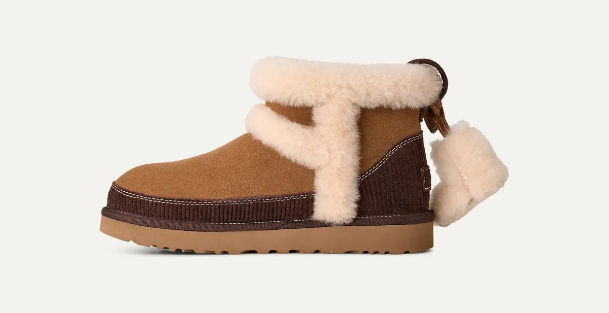 Warme UGG Classic Mini Heritage Damen-Boots in Chestnut mit Lammfellnähten und Mini-Boot-Anhänger