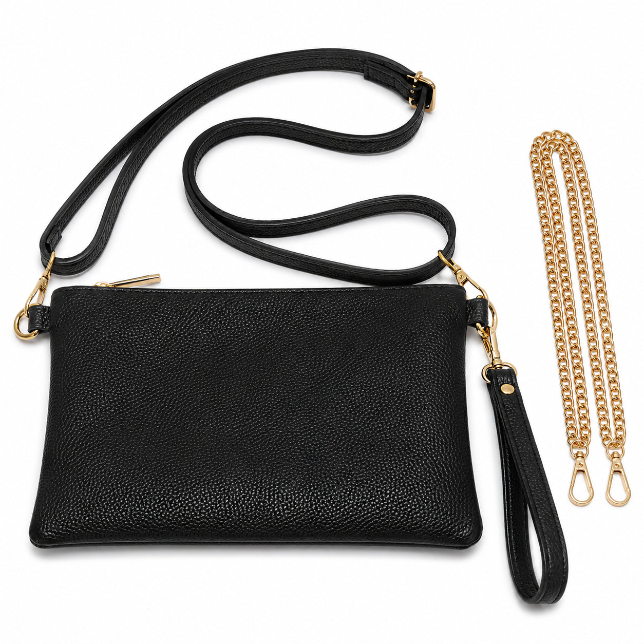 Mini Bag aus Leder in Schwarz mit Goldkette und Lederriemen au