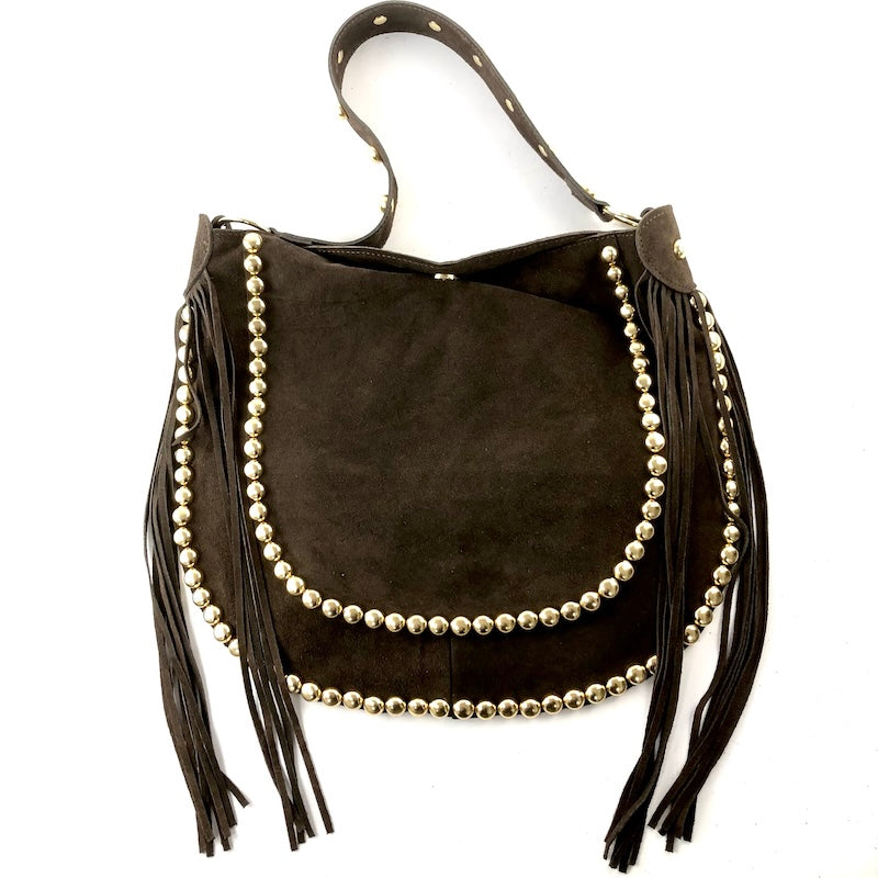 Handtasche Leder Braun mit Nieten und Fransen