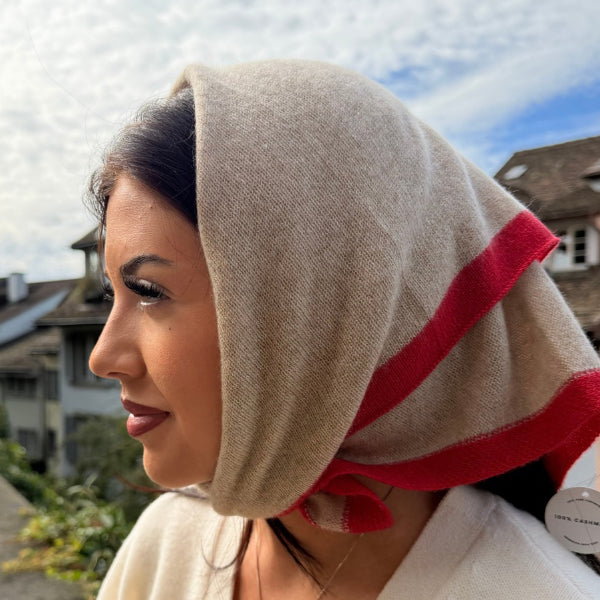 Kleiner Kaschmirschal Taupe-Rot aus 100 % Kaschmir