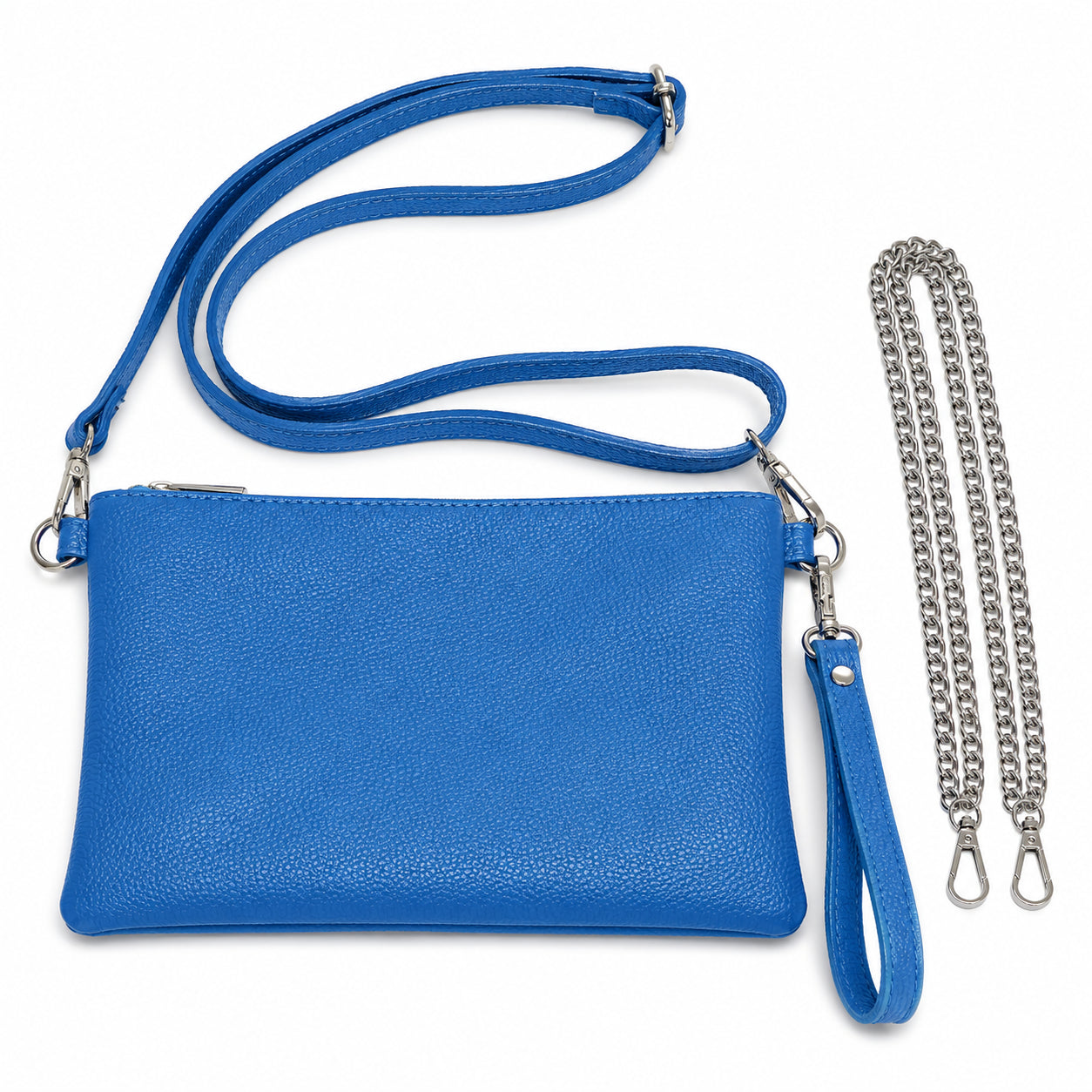 Mini Bag in Blau aus Leder mit Schulterriemen und Silberkette