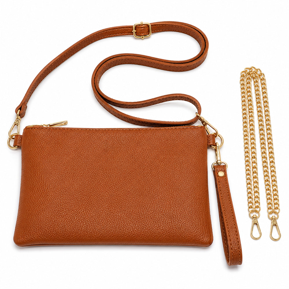 Minibag in Braun aus Leder mit Lederriemen und Ketten-Riemen