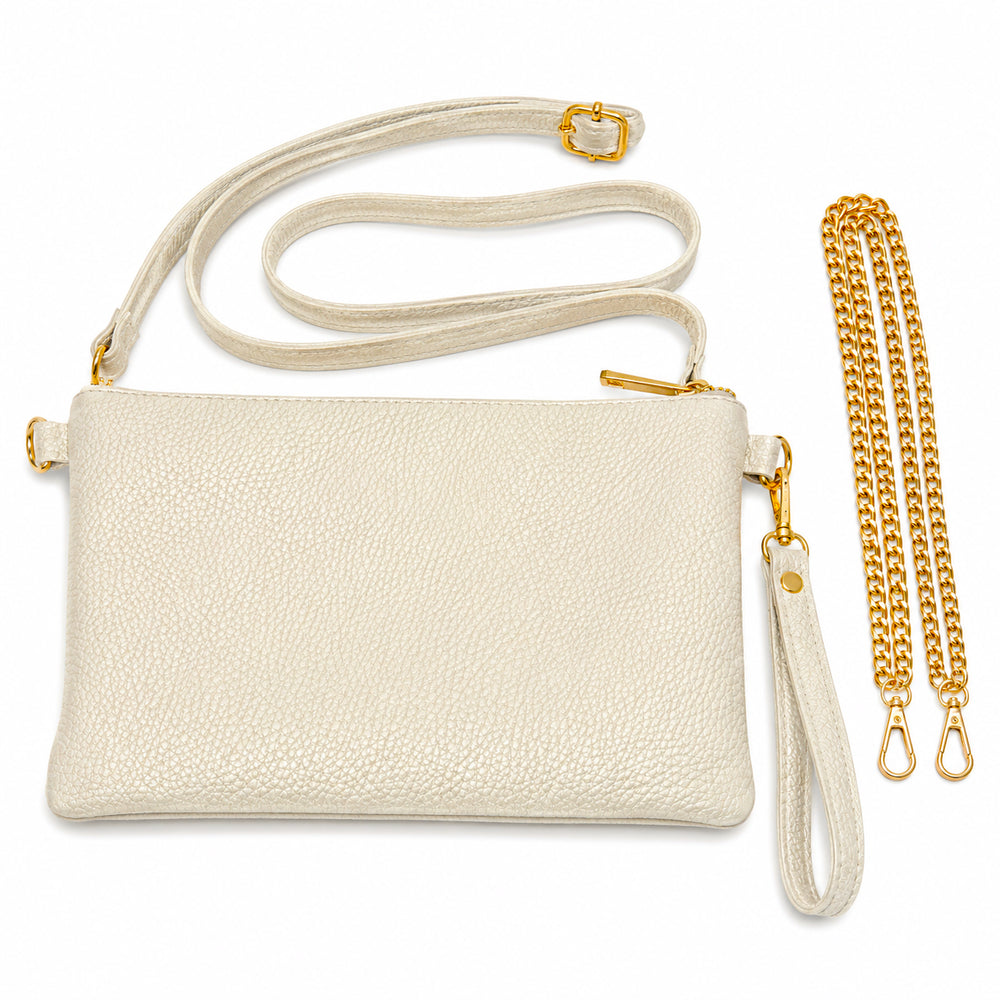 Mini Bag Weiss aus hochwertigem Leder mit Lederriemen und Goldkette