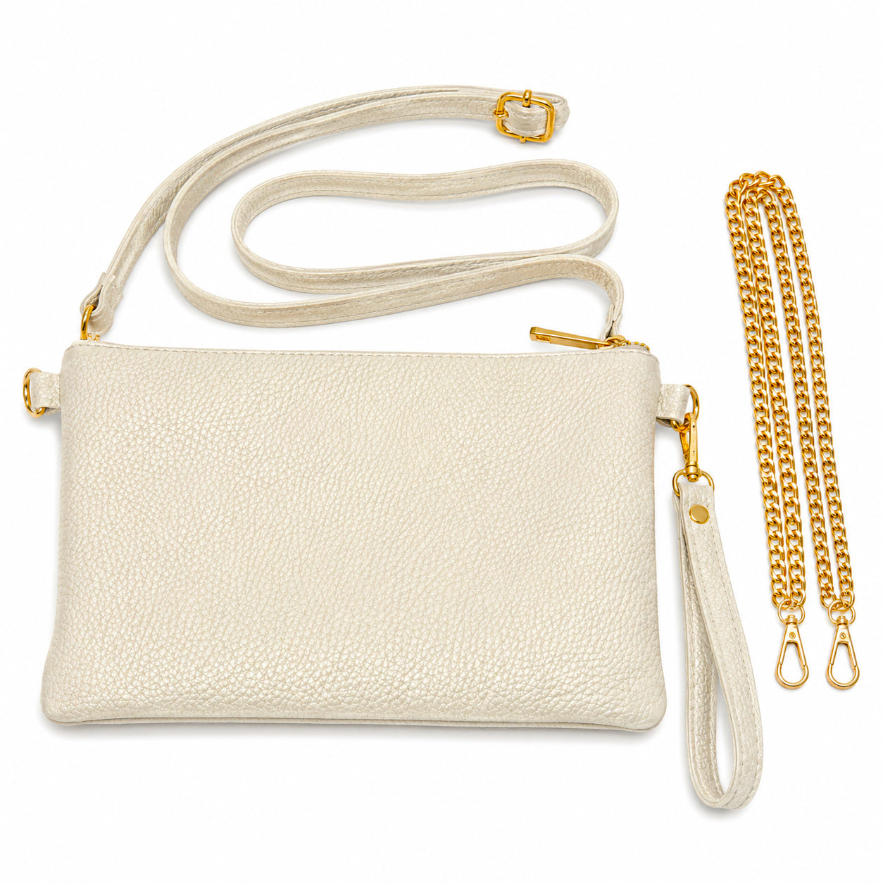 Mini Bag Weiss aus hochwertigem Leder mit Lederriemen und Goldkette