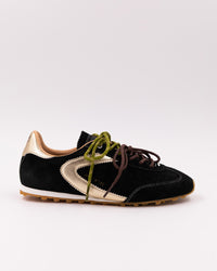 0-105 ASTRA Damen-Sneaker Schwarz Gold aus Veloursleder mit Doppelschnürung